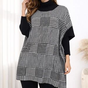Joseph A Black White Houndstooth Poncho Turtleneck Sweater Large